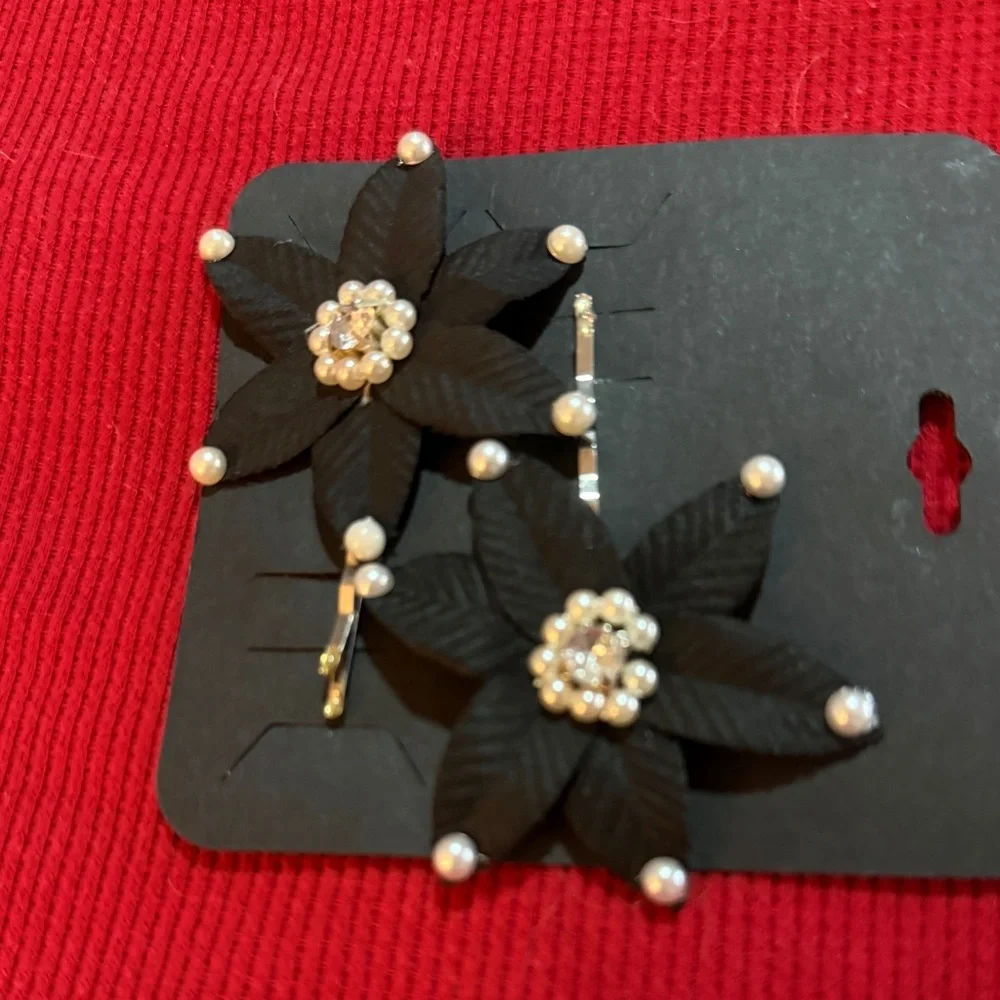Black Floral Hair Pin with Pearl Accents